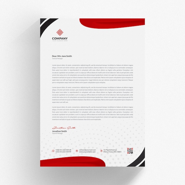 Letterhead mockup with red wavy shapes